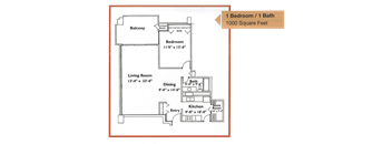 A diagram of a small apartment layout with a bedroom, living room, kitchen, and bathroom.
