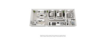 A 3D floor plan of a house with a kitchen, living room, and bedrooms.