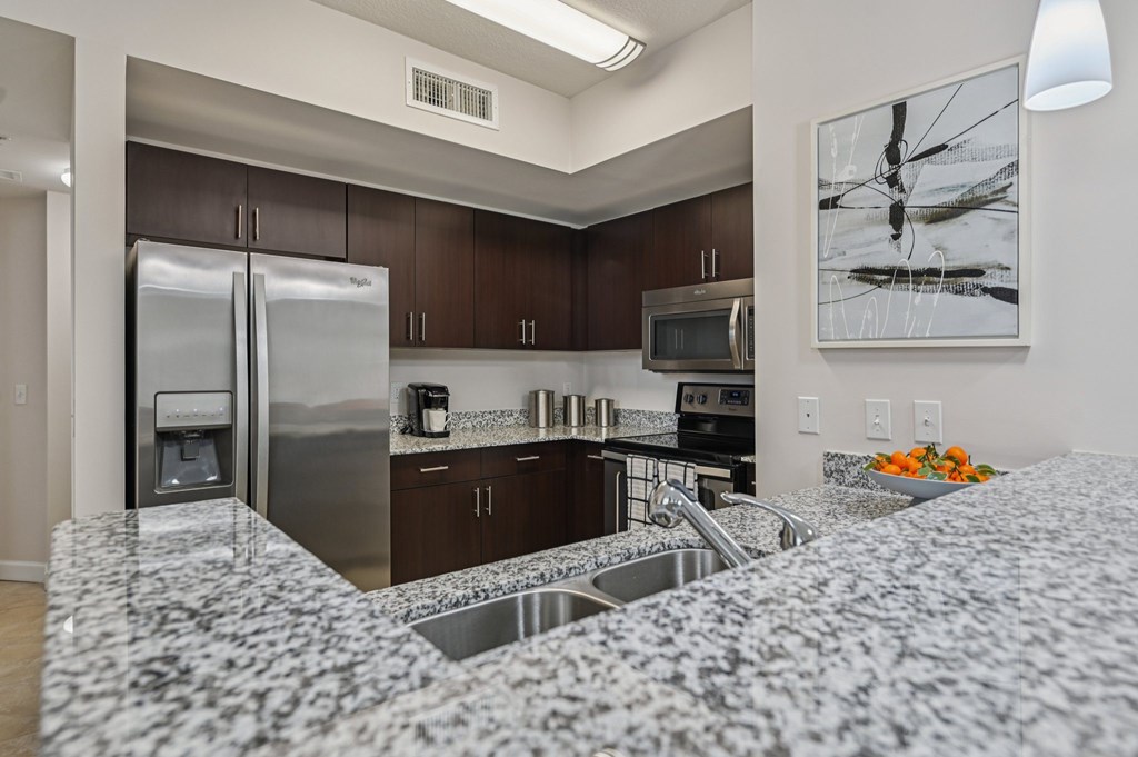 A kitchen with a granite counter top and stainless steel appliances.