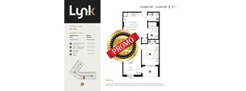 A floor plan for a Lynk apartment is shown with a promotional banner in the middle.
