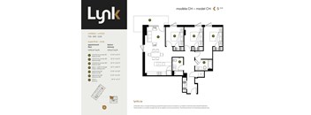 A floor plan for a Lynk model apartment shows a living area, two bedrooms, a balcony, and a garage.
