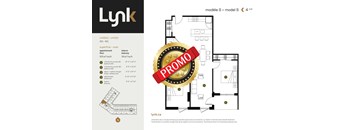 A floor plan for a Lynk apartment is shown with a promotional ribbon across it.
