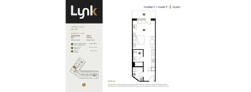 A floor plan for a studio apartment with a living room and a bedroom.