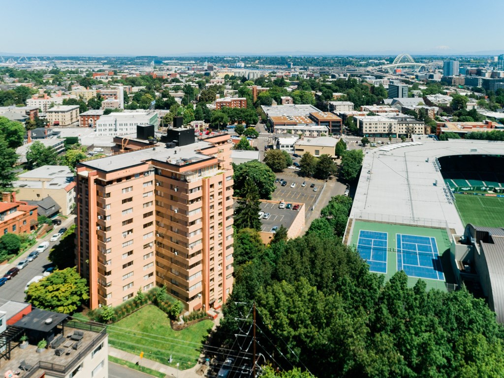 Drone photo looking down on Portland Towers