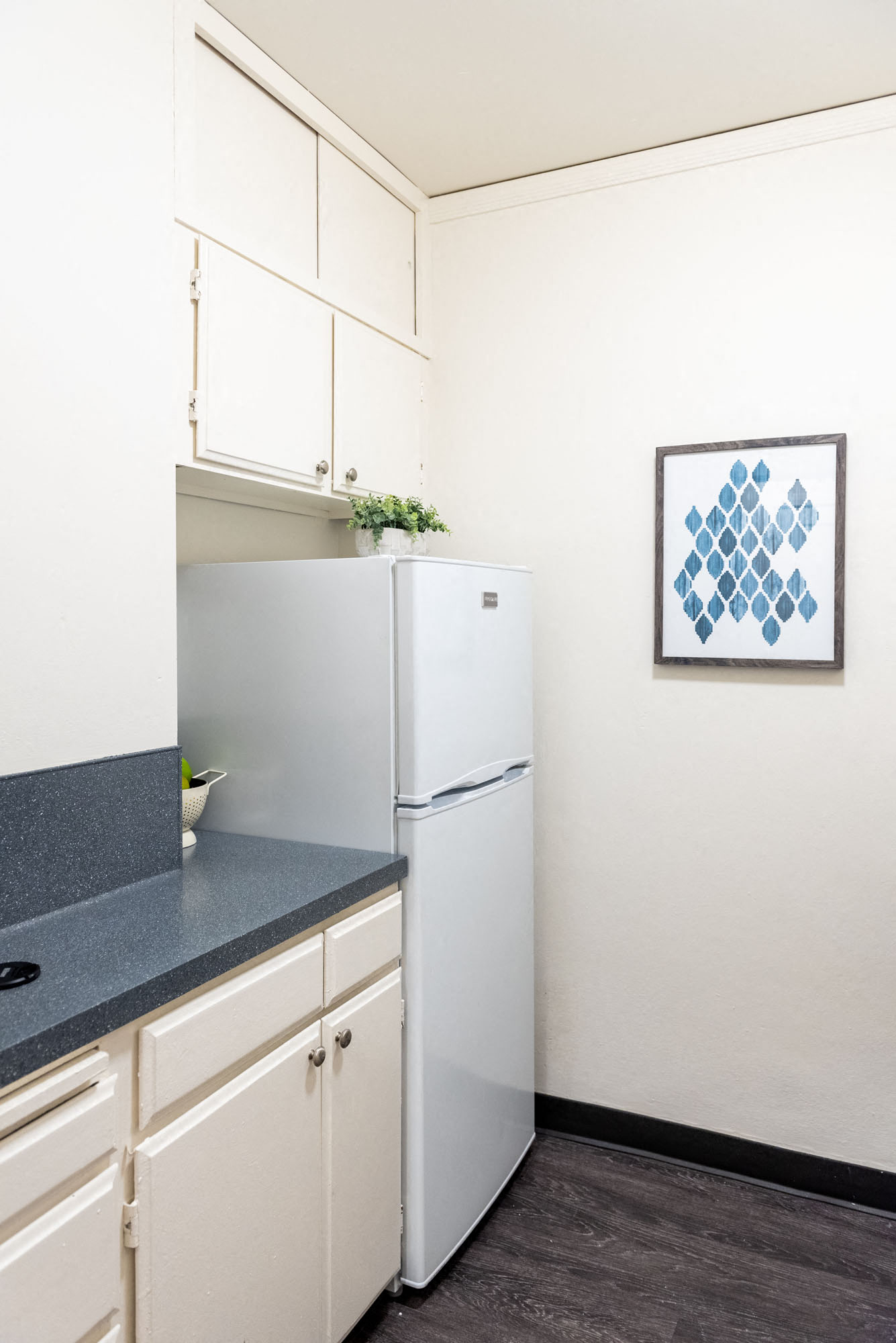 large kitchen with ample cupboards and full-size fridge