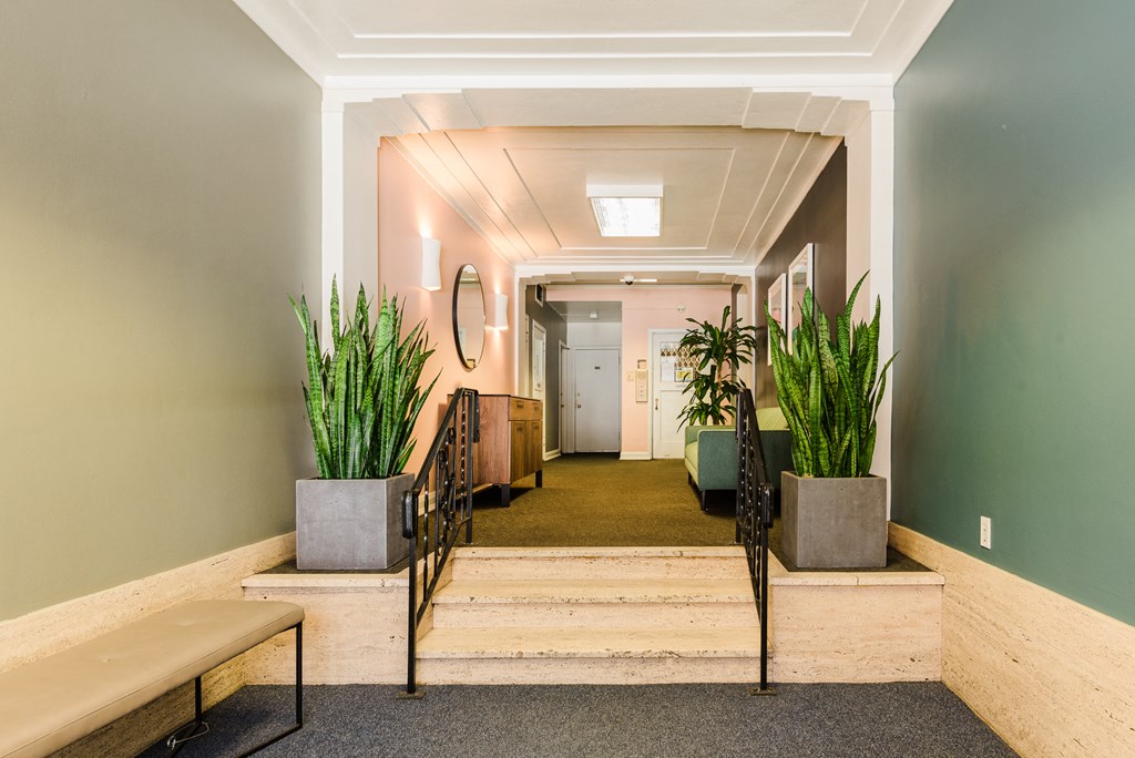 Bold colors in the lobby of Ongford Apartments