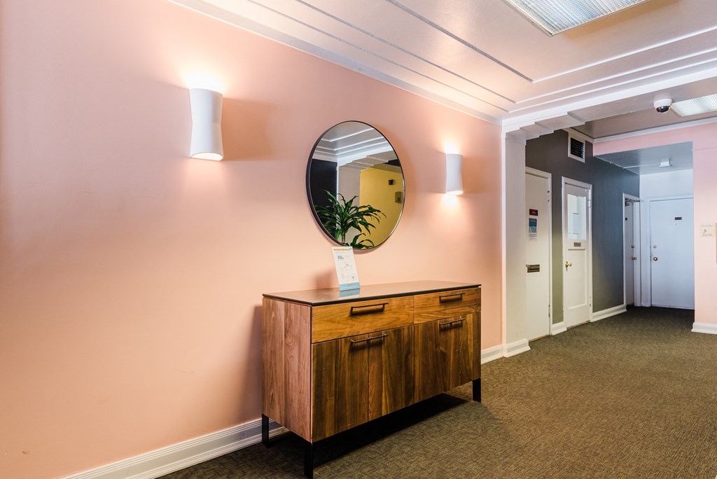 Bold colors in the lobby of Ongford Apartments