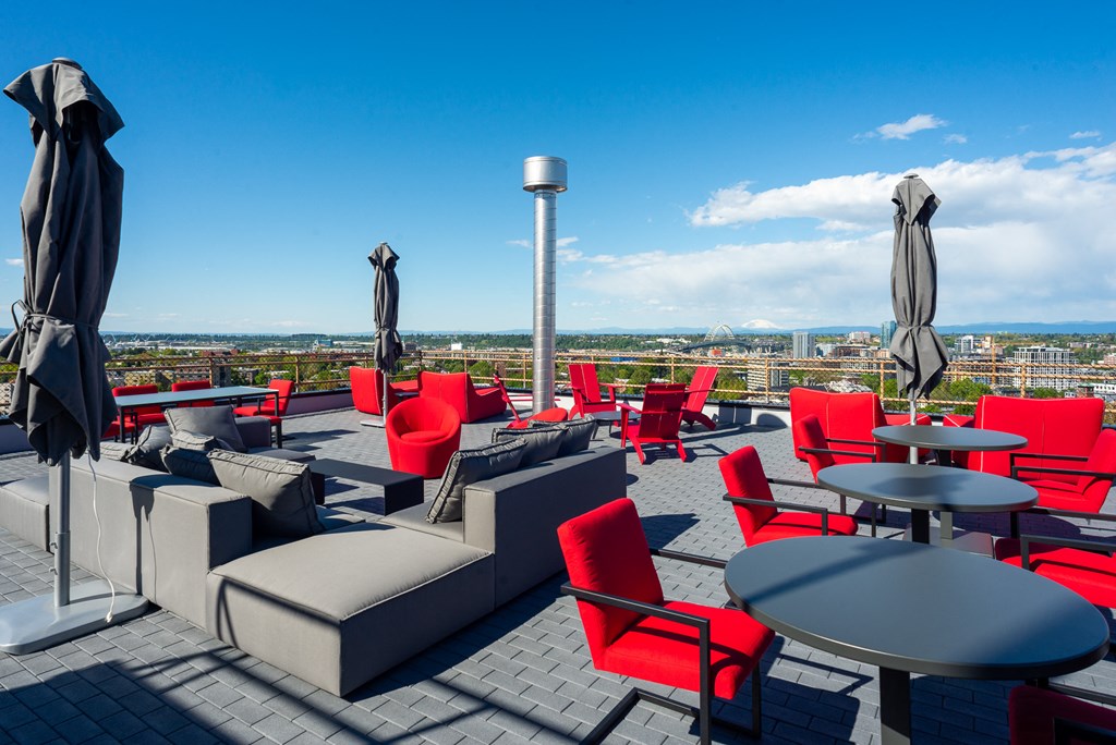Plenty of seating on the rooftop deck at Portland Towers