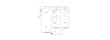 A black and white floor plan of a house with a kitchen, living room, two bathrooms, a mech, two bedrooms, and a patio.