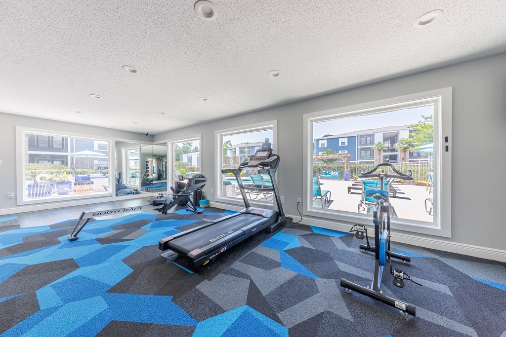 A gym with a treadmill, exercise bike and other equipment.