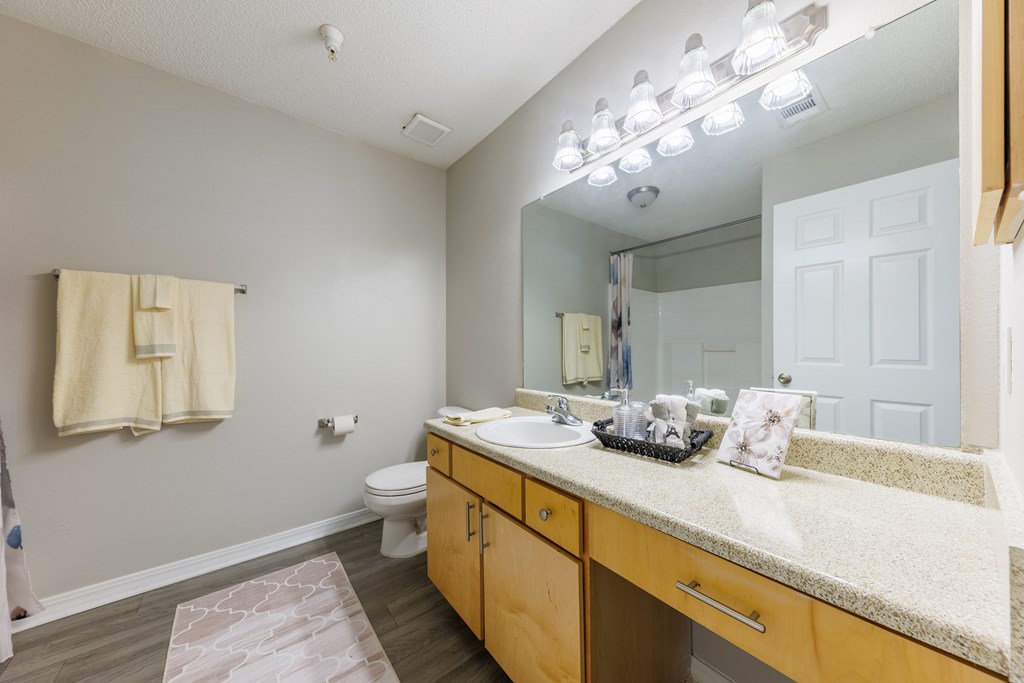 A bathroom with a toilet, sink, and mirror.