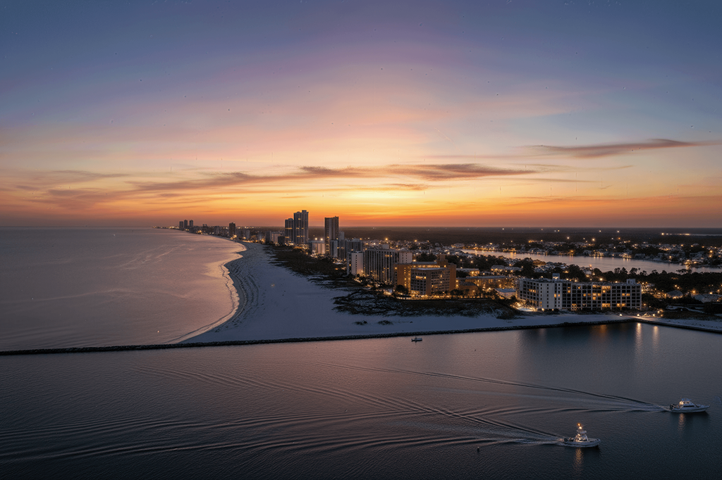 A beautiful sunset over a coastal city with boats in the water.
