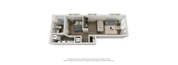A floor plan of a small apartment with a kitchen, living room, and bedroom.