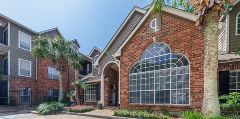 A brick building with a palm tree in front.