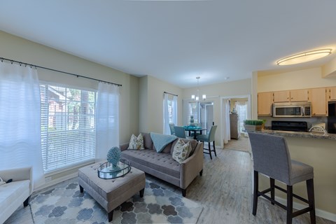A living room with a grey couch and a grey chair.