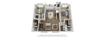 A 3D floor plan of a two-bedroom apartment with a living room, kitchen, and bathroom.