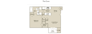 A floor plan of a home layout with a bedroom, bathroom, kitchen, living room, and dining area.