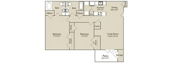 A floor plan of a house with a kitchen, dining room, living room, two bedrooms, a bathroom, a closet, a pantry, and a storage area.