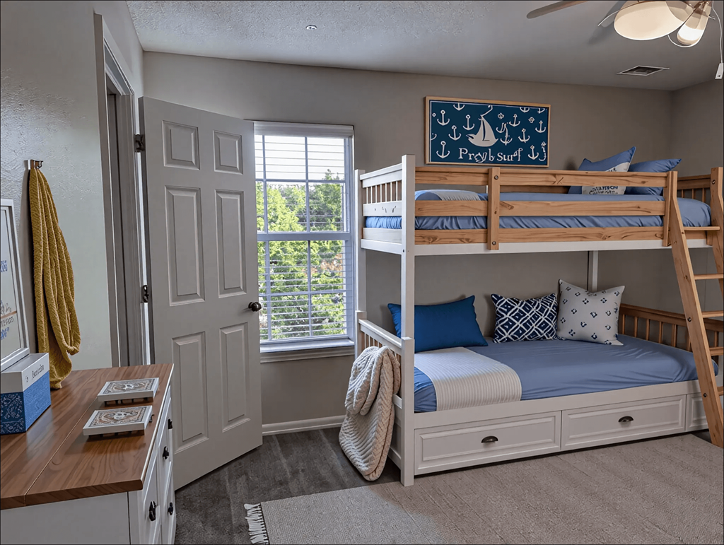 A room with a bunk bed and a window with blinds.