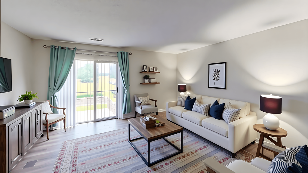 A living room with a white couch and a rug.