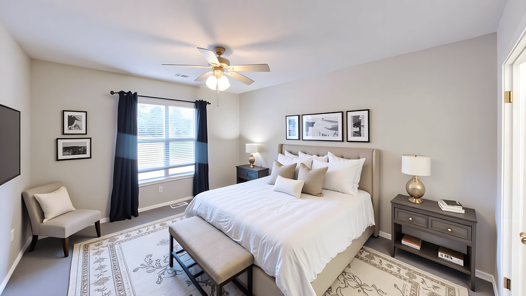 A bedroom with a bed, nightstand, chair, and pictures on the wall.