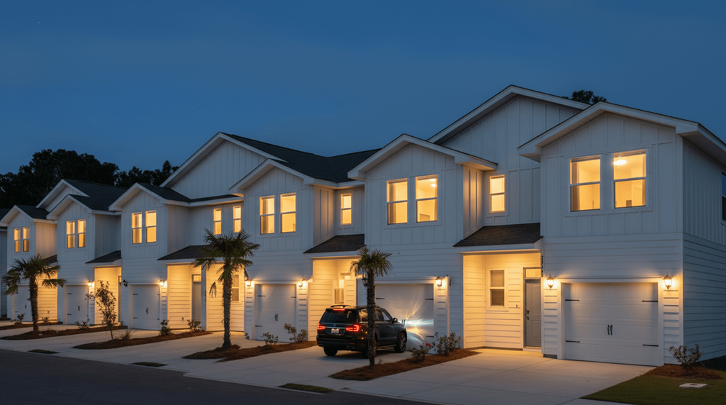 A row of houses with lights on and a car parked in front.
