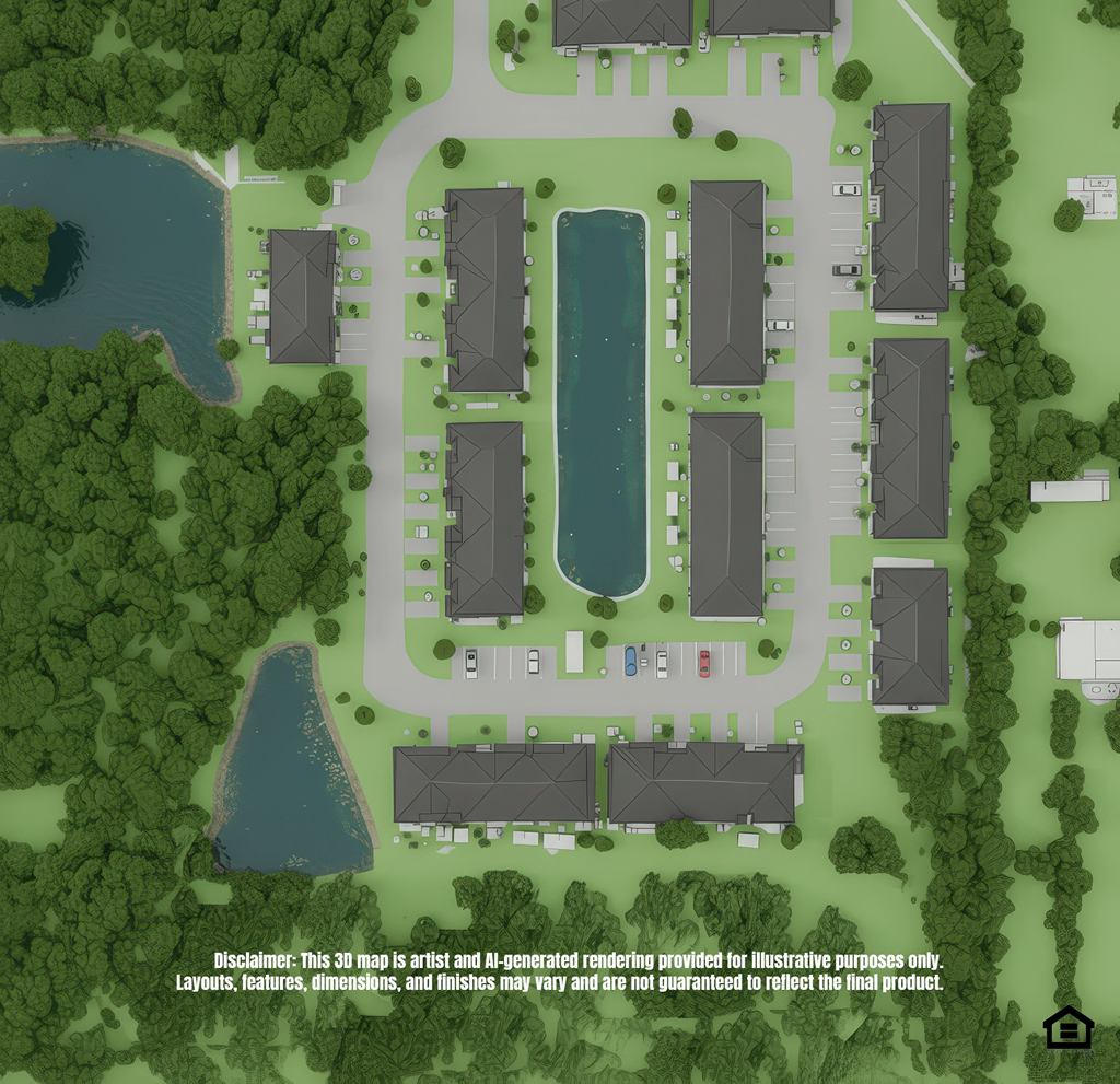 A 3D rendered image of a residential area with buildings, roads, and a lake.