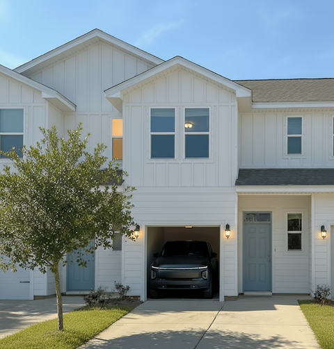 A white house with a black truck in the garage.
