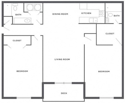 A floor plan of a house with a living room, two bedrooms, a dining room, a kitchen, and two bathrooms.