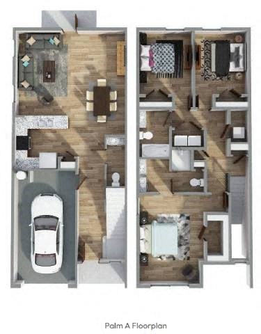 A floor plan of a two-story apartment with a car parked in the garage.