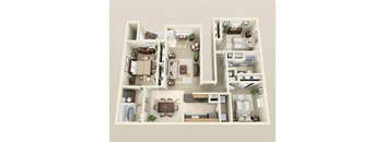A 3D floor plan of a multi-room apartment.