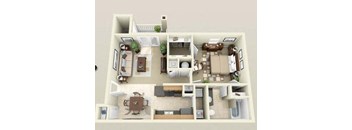 A 3D floor plan of a house showing a kitchen, living room, dining room, and two bedrooms.
