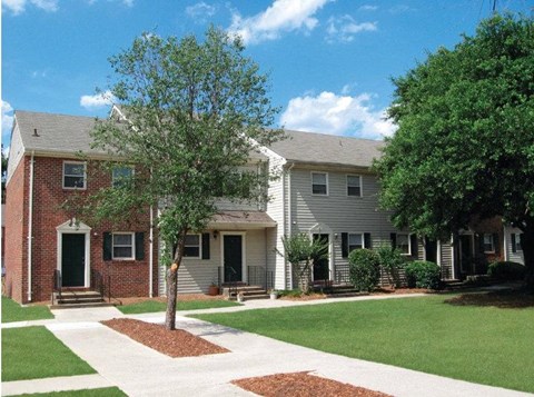 A tree in front of a house with a red brick wall.