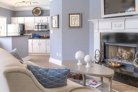 A living room with a fireplace and a couch.