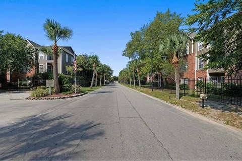 A tree-lined street with a row of houses on either side.