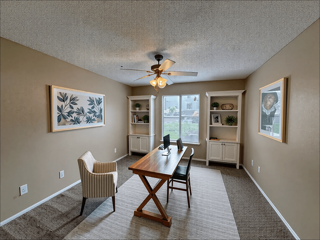 A dining room with a wooden table and chairs.