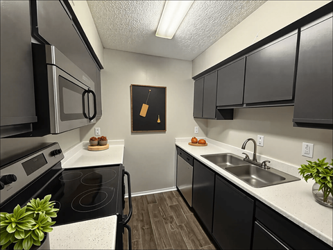 A kitchen with black cabinets and a white countertop.