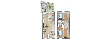 A floor plan of a two-story apartment with a living room, kitchen, and bedrooms. at The Preserve at Pine Valley Apartments, Wilmington