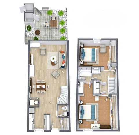 A floor plan of a two-story apartment with a living room, kitchen, and bedrooms. at The Preserve at Pine Valley Apartments, Wilmington