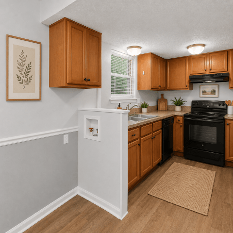 A kitchen with wooden cabinets and a black oven.