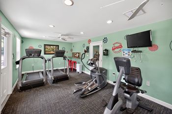 A gym room with treadmills, exercise bikes, and a television at Brackenbrook Apartments, North Charleston, South Carolina