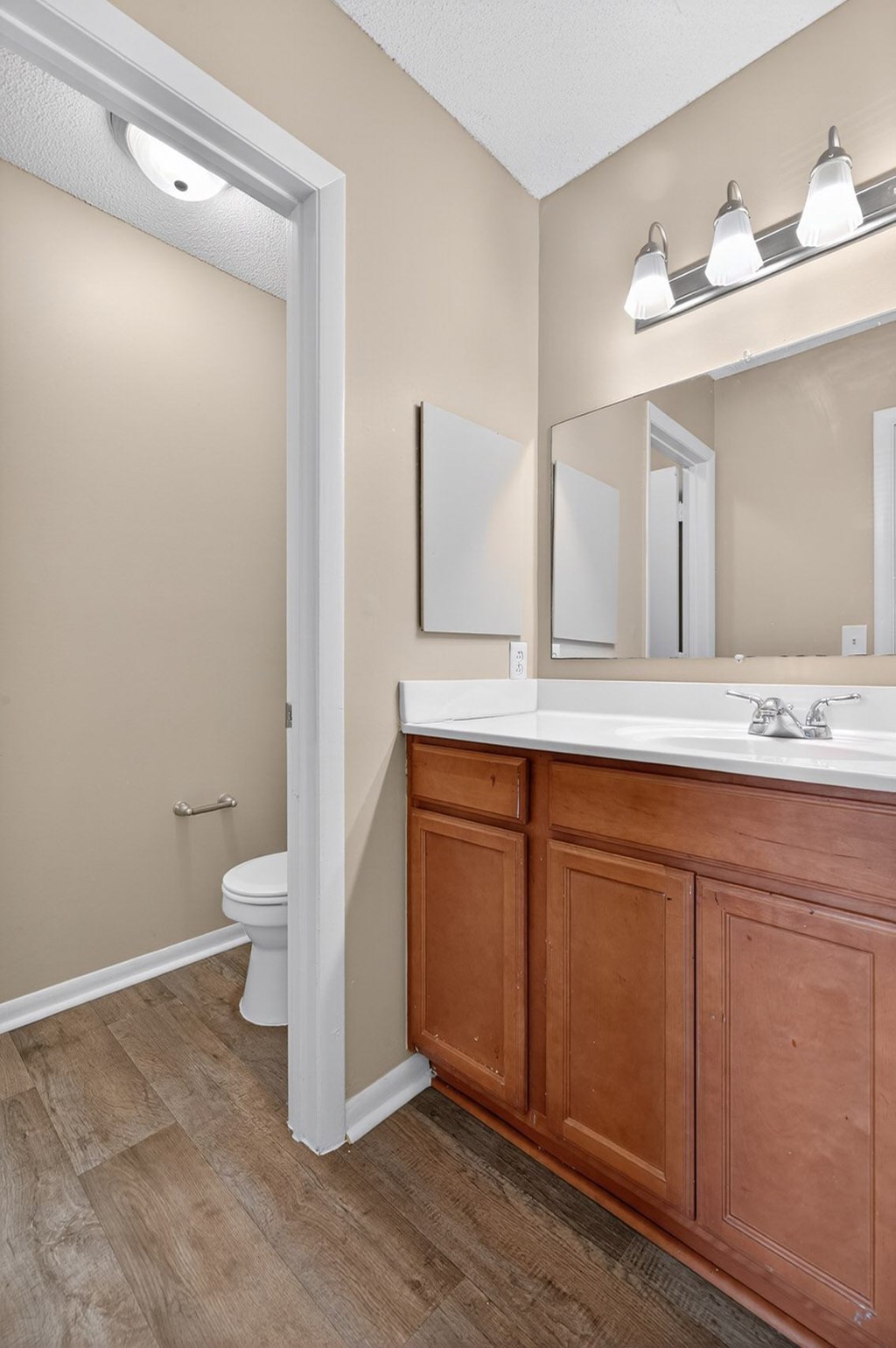 A bathroom with a toilet, sink, and mirror at Brackenbrook Apartments, North Charleston, SC, 29418