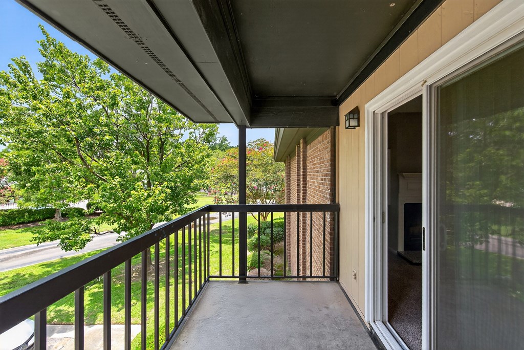 A balcony with a black railing and a glass door at North Bluff Apartments, South Carolina, 29406