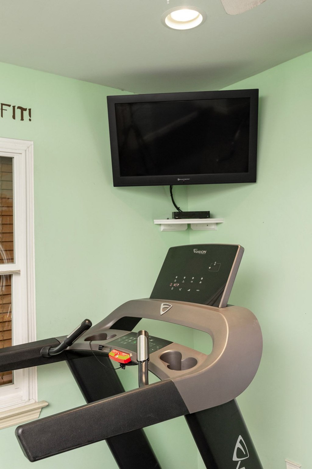 A treadmill is in a room with a green wall and a television mounted on it at Sawbranch Apartments, Summerville 29485