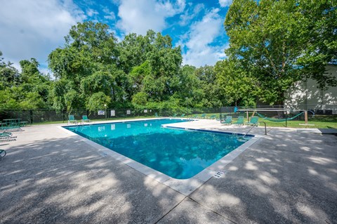 A large outdoor swimming pool surrounded by trees.