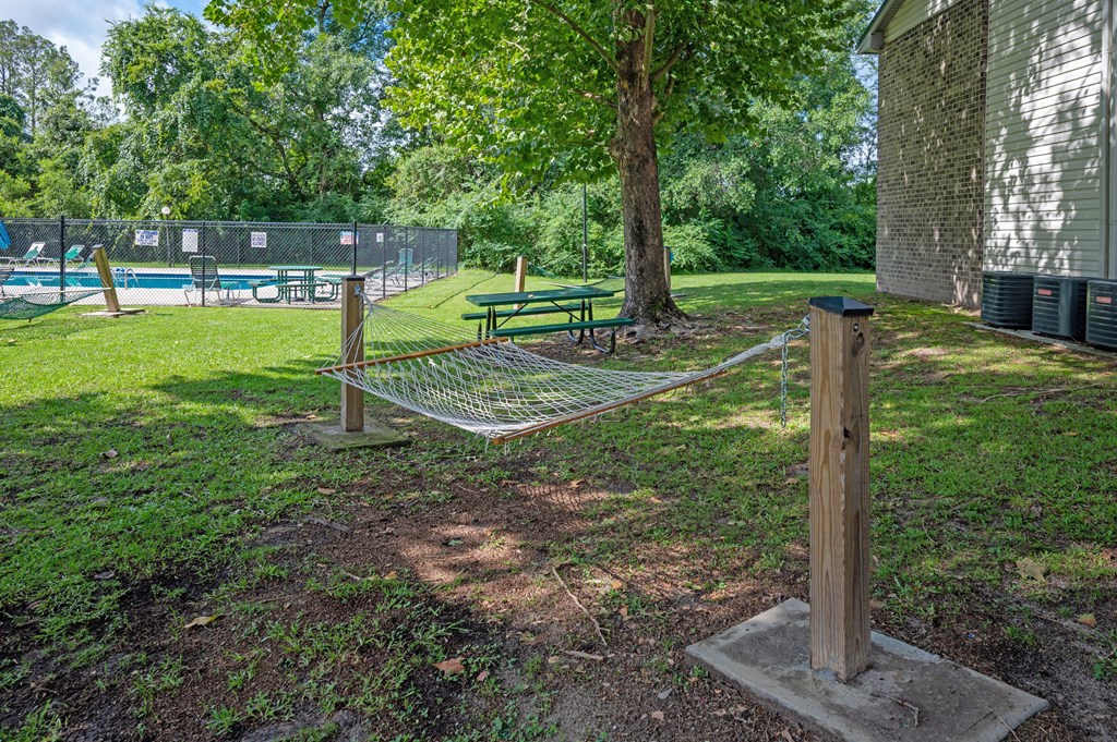 A green lawn with a swing set and a tree at Sawbranch Apartments, Summerville
