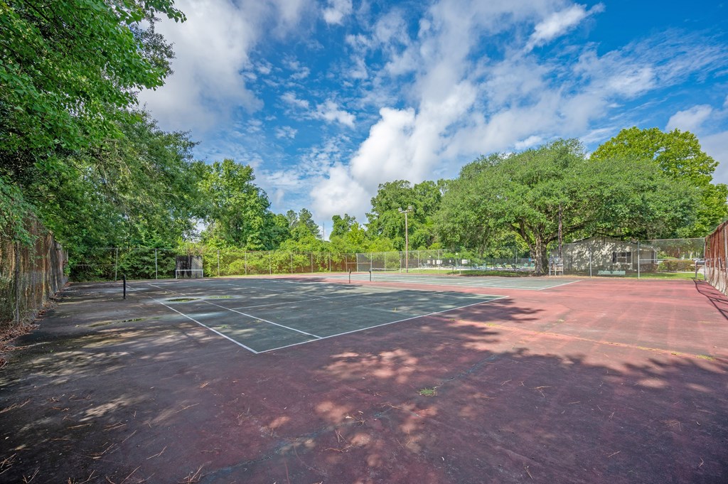 A tennis court surrounded by trees on a sunny day at Sawbranch Apartments, South Carolina