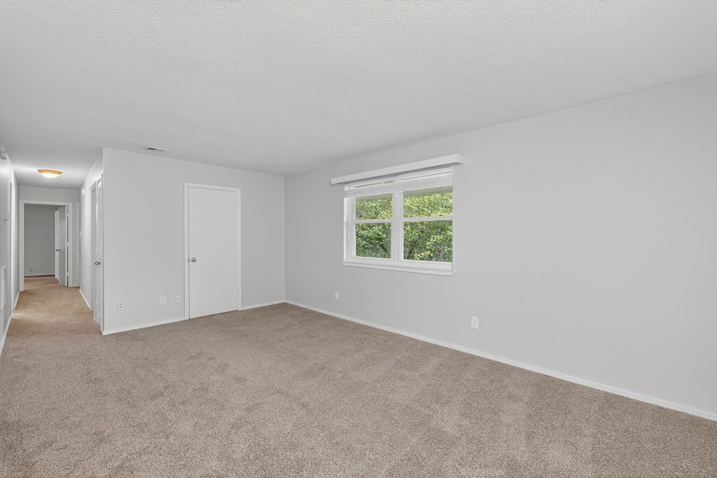 A room with a carpeted floor and a window showing greenery outside at Sawbranch Apartments, Summerville, SC