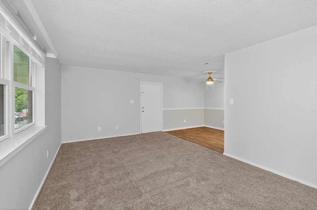A room with white walls and a carpeted floor at Sawbranch Apartments, Summerville 29485