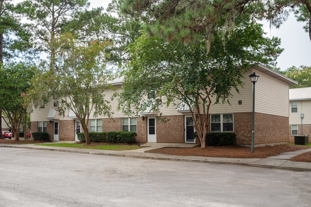A street view of a residential area with apartment buildings at The Landing Townhomes Apartments, South Carolina, 29410